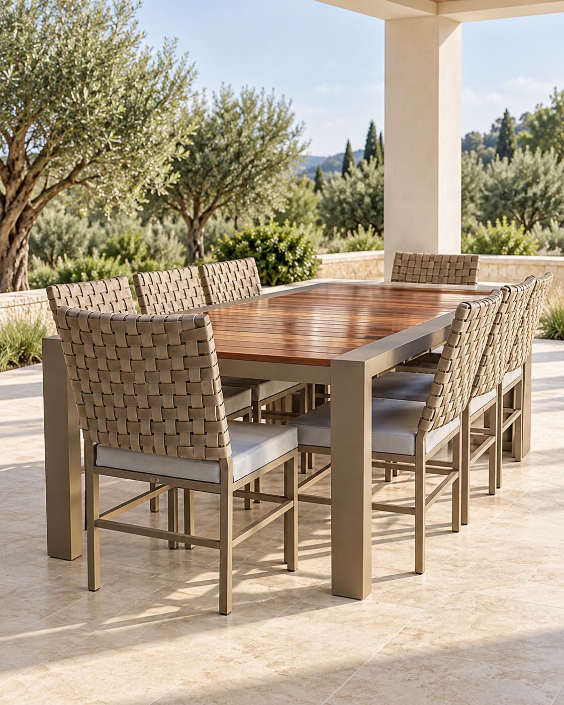 Conjunto de jantar com cadeiras trançadas em ambiente
