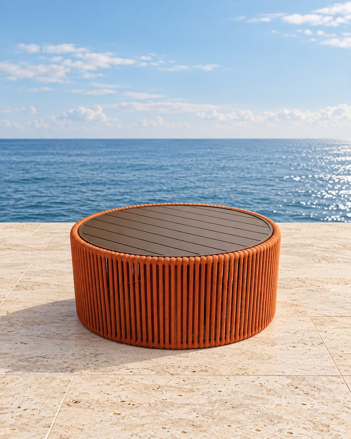 Mesa de centro redonda de corda terracota em ambiente
