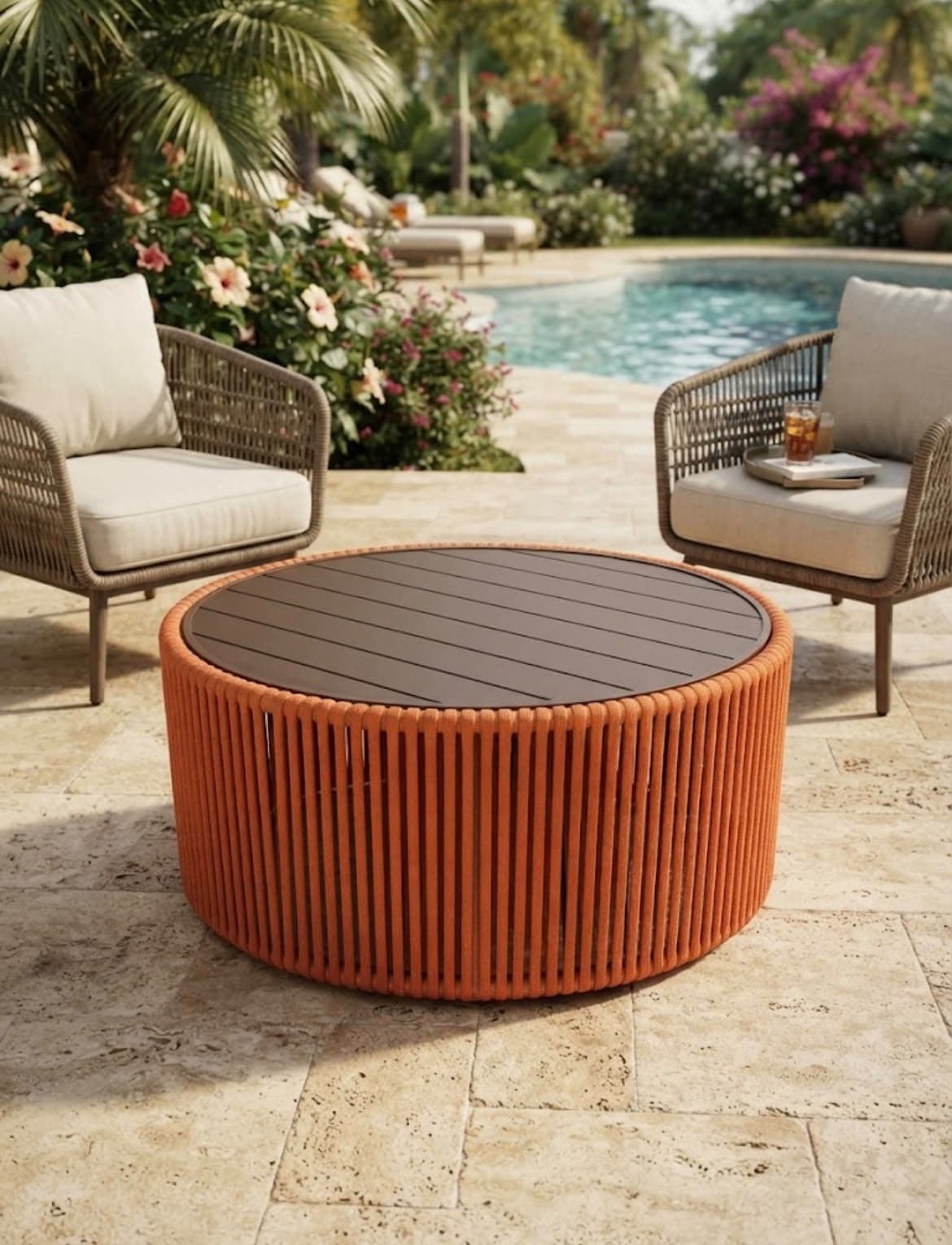 Mesa de centro redonda de corda terracota em ambiente