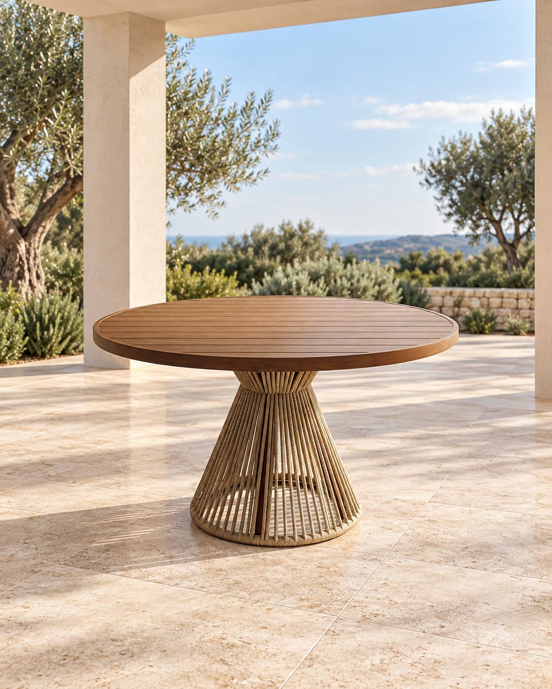 Mesa de jantar redonda com base de corda em ambiente