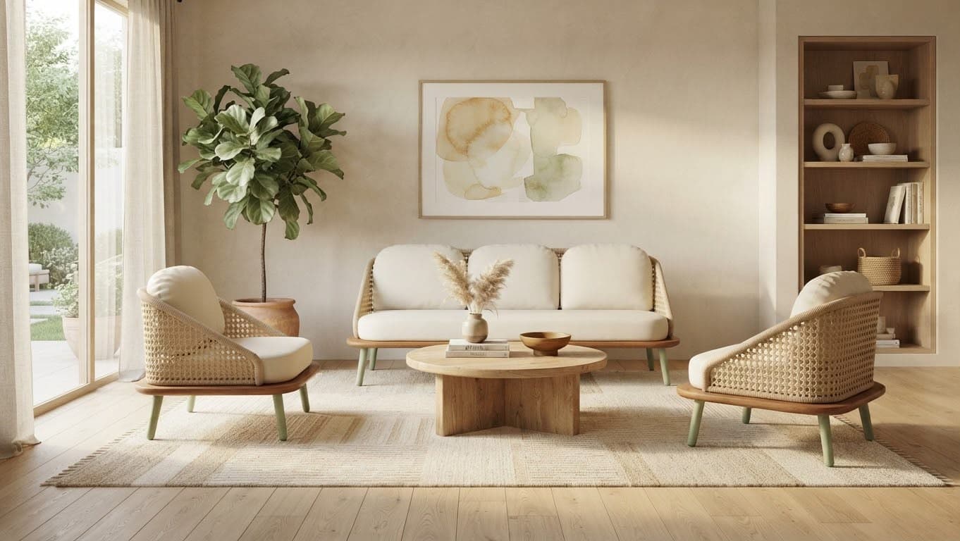 Poltrona com base de madeira em ambiente