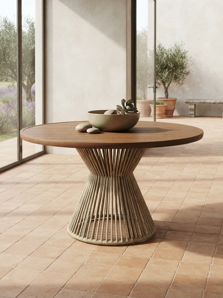 Mesa de jantar redonda com base de corda em ambiente