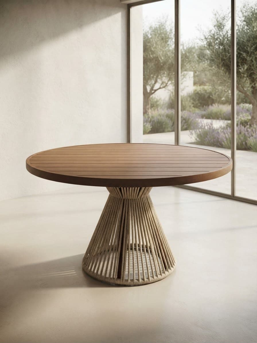 Mesa de jantar redonda com base de corda em ambiente