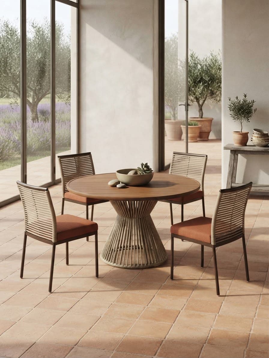 Mesa de jantar redonda com base de corda em ambiente